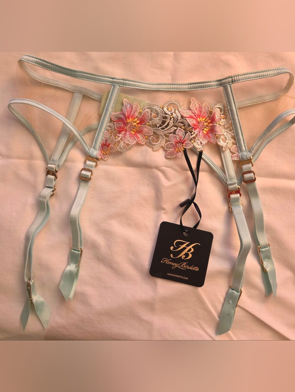 NWT Honey Birdette Amelie Mint Suspender / Garter Belt - Size Small
